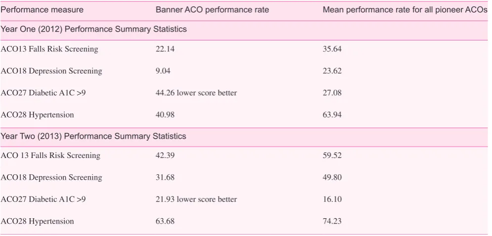 Table 3. BHN select ACO performance measures for years 1 and 2