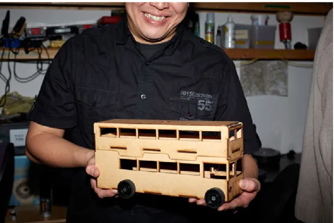 Figure 6: A one-of-a-kind toy bus: ‘You can pick it up, you can show people you’ve got something there that you’ve made, that you can keep forever.’ 
