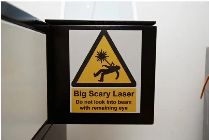 Figure 11: Safety warning on the laser cutter: humour and homespun signage ‘soften’ the regulatory features of the space