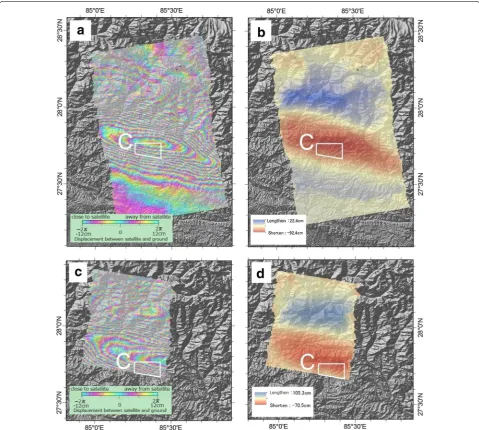 Fig. 4 Results of InSAR and phase unwrapped images for areas A and B. a InSAR image from PALSAR-2 data (path 157)