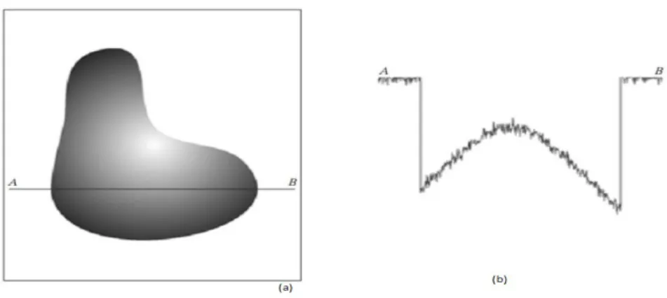 Figure 5.1 Generating a digital image (a) Continuous image (b) A  scan line from A to Bin the continuous image, used to illustrate the 
