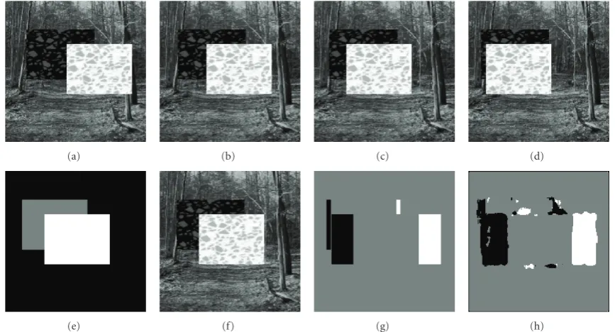 Figure 7: Synthetic sequence no. 2 with horizontal disparity. (a)–(d) I1–I4 ground-truth, (e) disparity, (f) intermediate image, (g) label map,and (h) estimated label map.