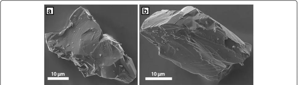 Fig. 1 Scanning helium ion microscope images of the two Itokawa particles (a - RB-DQ04-0062—Naoko and b - RB-DQ04-0091—Mizuki) analyzedduring this study