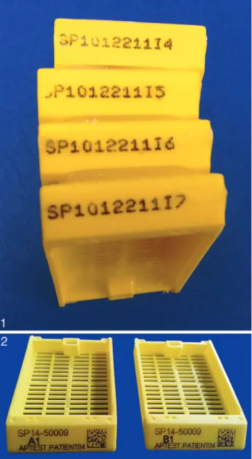 Figure 1. The use of a single identifier, typically the laboratory accession number, on tissue cassettes may yield a monotonous string of characters that can lead to read errors, particularly in high-volume laboratories in which hundreds of cassettes are h