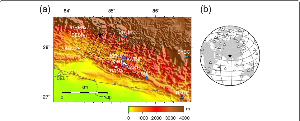 Fig. 1 athe KATNP station.represent the subfaults of the assumed fault model.Background color Station map of near-field waveforms and geodetic data