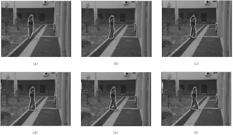 Figure 12: Object tracking in strong existence of clutter. For each of the transitions (a), (b) and (b), (c), the estimated weights are [w1,w2] =[1,10], since the background is not smooth enough.