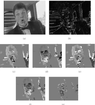 Figure 3: Real world sequence (Carphone): (a) frame 171 with the superimposed motion ﬁeld estimated through the proposed method;method: the displacements (c)(b) pixel-per-pixel squared diﬀerence between frame 171 and its motion compensated version; estimates obtained by means of the proposed dx and (d) dy, the motion parameters (e) e, (f) f , and (g) θ.