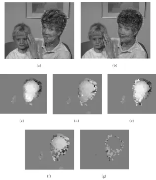 Figure 5: Real world sequence (M&D): frame 39 with the superimposed motion ﬁeld estimated through (a) the proposed method and (b)the H&S approach; estimates by means of the proposed method: the displacements (c) dx and (d) dy, and the motion parameters (e) e, (f)f , and (g) θ.