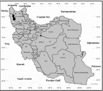 Figure 1. Map of Iran with provincial boundaries and species diversity of Criocerinae by province (numbers refer to species in the text)