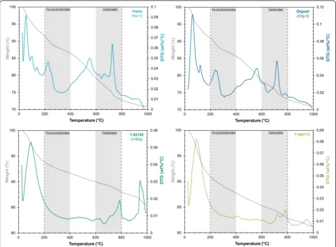 Fig. 2 Mass loss and DTG curves for CI chondrites Ivuna and Orgueil, and CI-like Y-82162 and Y-980115