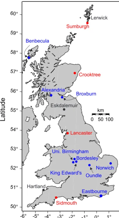 Figure 5. Map showing the locations of the variometer and ob-servatory measurement sites available for 7–8 September 2017.Red circles are INTERMAGNET observatories, orange circles in-dicated calibrated variometers (TGO) and blue indicate variome-ters including the Raspberry Pi (BGS) and the Lancaster Auro-raWatch/SAMNET/MagIE magnetometers.