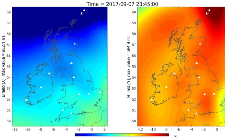 Figure 7. Snapshot of the two horizontal components of the magnetic ﬁeld interpolated across the UK at 23:45 UT on 7 September 2017.