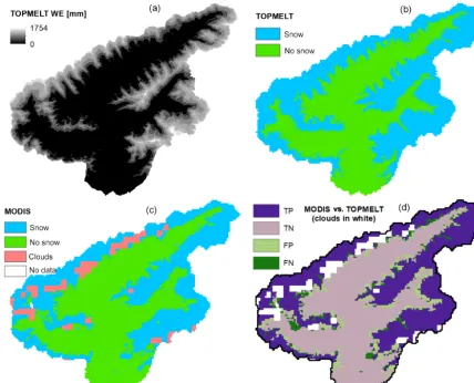 Figure 4. Comparison between simulated and MODIS-derived snow cover map. The comparison is obtained by using the model set-upW4-C10 for 6 May 2011