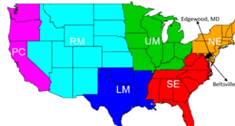 Figure 1. Analysis regions and ozonesonde locations during the2011 DISCOVER-AQ ﬁeld study.