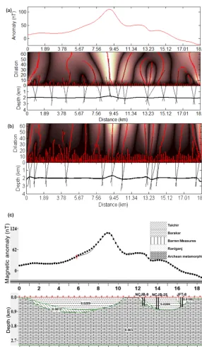 Figure 10. (a) Magnetic anomaly across the proﬁle FF′ (drawn in Fig. 2) and depth estimation by continuous wavelet transform