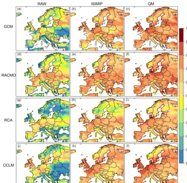 Figure 6. Spatial distribution of Perkins skill scores calculated from the two-dimensional distribution of summer values of daily maximumtemperature and daily mean dew-point temperature for the GCM (a–c) and the RCMs at EUR-11 (d–l) for raw (ﬁrst column), ISIMIPcorrected (second column) and QM corrected (third column).