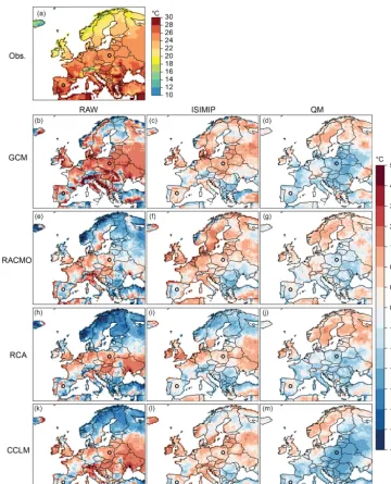 Figure 3. Spatial distribution of the observed 99th percentile of summer WBGT (WBGTp99,RCMs at EUR-11 a) and model biases for the GCM (b–d) and (e–m) for raw (ﬁrst column), ISIMIP corrected (second column) and QM corrected (third column)