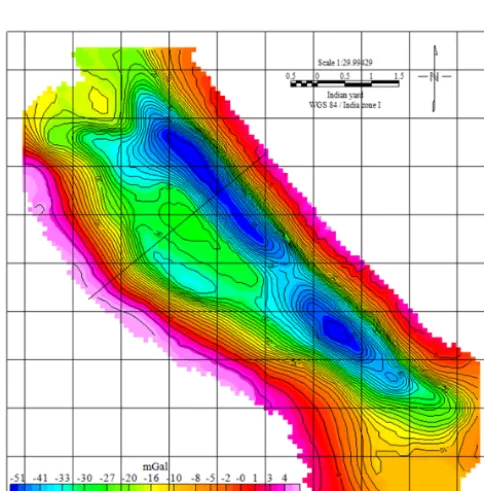 Figure 9. Observed and calculated residual Bouguer gravity anoma-lies of parabolic density function of the Godavari sub-basin ob-tained from the PSO algorithm, and inferred depth structure fromthe PSO and Marquardt algorithm.