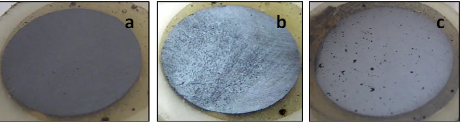 Fig. 4: (a) surface of Ag2membrane pellet after immersing in 10S-AgCl membrane pellet before immersing in KCl solution, (b) surface of Ag2S-AgCl -3M KCl having 10-3M [I- ] and [Br-] solution, (c) surface of Ag2S-AgCl membrane pellet after storing in 10-7 M