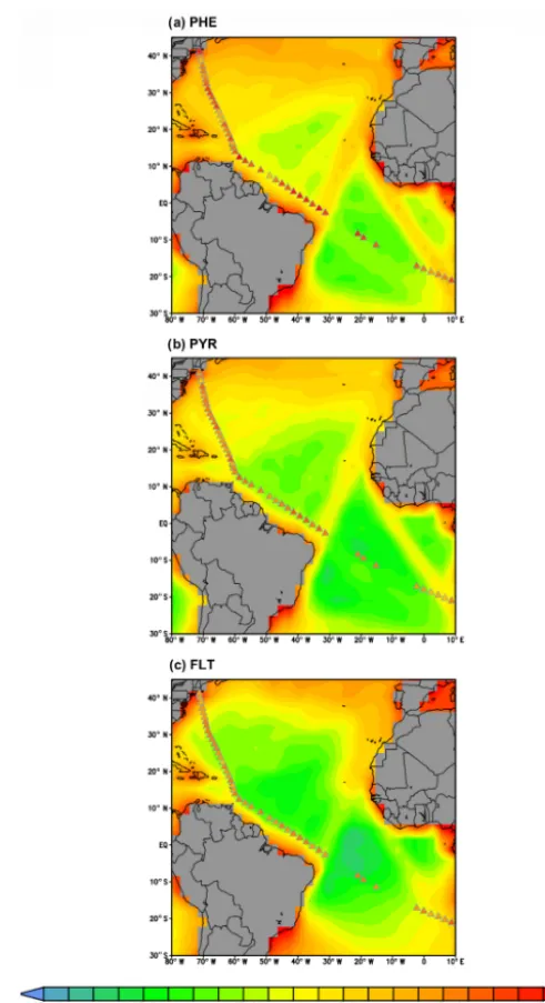 Figure 6. Simulated concentrations of PHE, PYR, and FLT(pgm−3) over the Atlantic ocean overlaid with concentrations froma ship cruise measurement campaign during July 2009 (triangles).Land grid cells are depicted in gray shades.