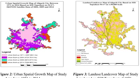 Figure 2:  Urban Spatial Growth Map of Study       Figure 3: Landuse/Landcover Map of Study                                                                             Area from 1971 to 2014                                       Area based on SOI Toposheet of 1971 