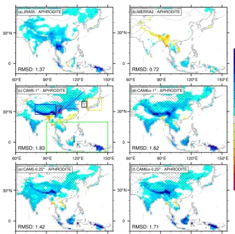 Figure 2. The difference of 1980–2004 annual mean precipitation (mm dsquare difference (RMSD) relative to APHRODITE