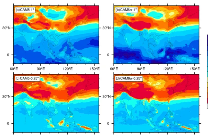 Figure 4. The 1980–2004 convective to large-scale precipitation ratio (unitless) for(d) (a) CAM5-1◦, (b) CAM6α-1◦, (c) CAM5-0.25◦ and CAM6α-0.25◦.