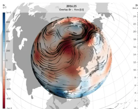 Figure 2. Example map for the magnetic ﬁeld and the ﬂow at thecore surface, obtained using webgeodyn, for the model calculatedby Barrois et al