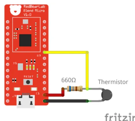 Figure 1. Schematic overview of the circuit used to read out themeasurements from the thermistor.