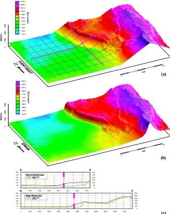 Figure 14. (a) Drape model applied to the acquisition and control lines, (b) topography of the terrain, and (c) results of an acquisition lineﬂight with drape (source: (n.d.), http://www.terraquest.ca/wp-content/uploads/2014/05/surveycontours.jpg, last access: October 2014).