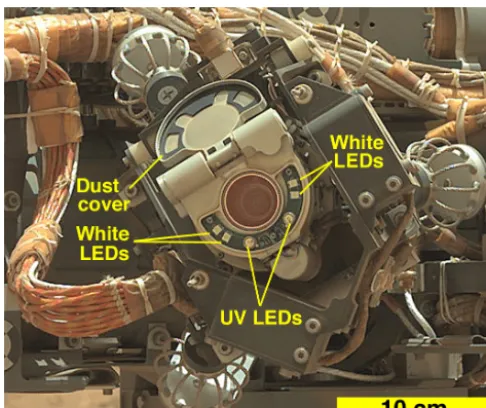 Figure 1. MAHLI camera head with dust cover open, as seen onMars by Curiosity’s left mast camera (Mastcam-34) on sol 84, 31October 2012 (portion of image 0084ML0003740000102846E01).