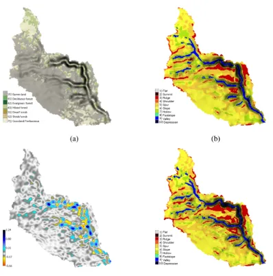 Figure 6. Detailed morphological change for drainage area 1 of Patterson Branch, Fort Bragg, NC, USA: (a) land cover in 2014, (b) landformsin 2012, (c) elevation difference between 2012 and 2016 [m], and (d) landforms in 2016.