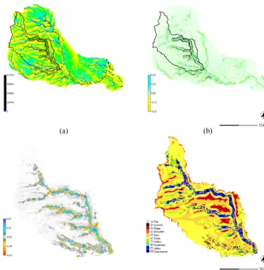 Figure 8. Dynamic simulation with USPED for a 120 min event with a rainfall intensity of 50 mm hand−1 for Patterson Branch, Fort Bragg,NC: (a) ﬂow accumulation and (b) erosion–deposition [kg m−2 s−1] for the subwatershed in the ﬁnal 3 min time step; (c) net difference [m] (d) landforms for drainage area 1.