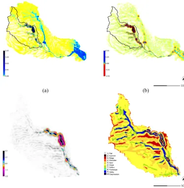 Figure 9. Steady-state SIMWE simulations for a 120 min event with a rainfall intensity of 50 mm h−1 for Patterson Branch, Fort Bragg, NC:(a) depth of unsteady ﬂow [m] and (b) erosion–deposition [kg m−2 s−1] for the subwatershed; (c) net difference [m] and (d) landforms fordrainage area 1.