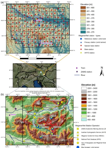 Figure 1. Location of the study areas in Austria (small middle panel between a and b), the WegenerNet Feldbach Region (FBR) in thesoutheast of the state of Styria and the WegenerNet Johnsbachtal (JBT) region in the north of Styria (white rectangles, enlarg