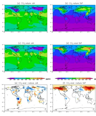 Figure 7. Same as Fig. 6, except for surface concentrations of CO2. Where panels (a) and (c) share the upper left color bar; Panels (b) and(d) use the upper right color bar.