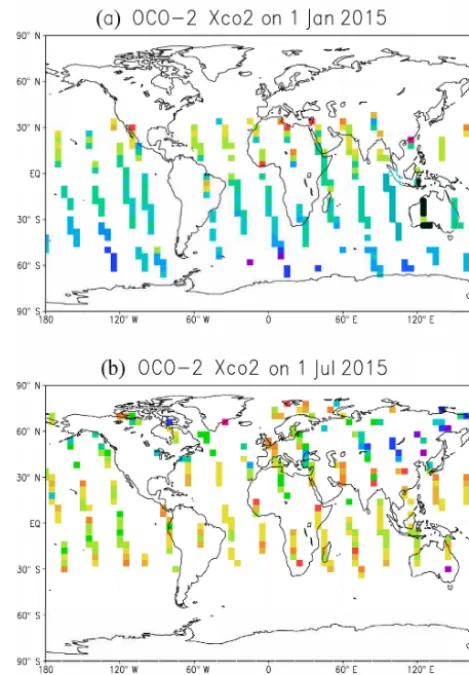 Figure 1. The 10 s average of good-quality OCO-2 XCO2 ob-servations (warning level < = 15), obtained from David Baker for(a) 1 January 2015 and (b) 1 July 2015.