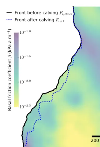 Figure 5. Basal friction coefﬁcient, β, and new position of the front,Fi+1, after calving from the HiDEM simulation generated throughthe UNICORE-based implementation.