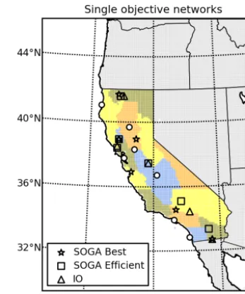 Figure 5. The ﬁgure shows the locations of observing stations inthe SOGA Best case (stars), SOGA Efﬁcient case (squares), and IOcase (triangles)