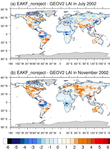 Figure 8. Differences between globally assimilated and GEOV2LAIs for the methods of EAKF in (a) July and (b) November.