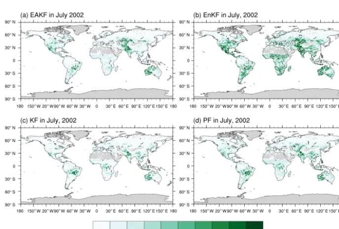 Figure 2. Differences between global LAI from assimilation experiments with the methods of (a) EAKF, (b) EnKF, (c) KF, and (d) PF andGEOV2 LAI in July 2002.