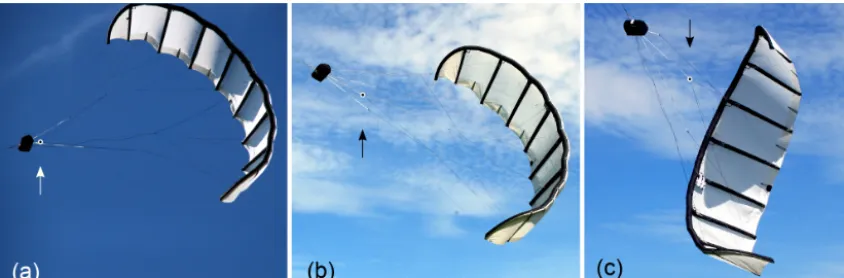 Figure 4. An almost fully powered LEI V3 kite (state (a), a depowered kite (b) and deformation of the wing by extreme steering input in depoweredc)