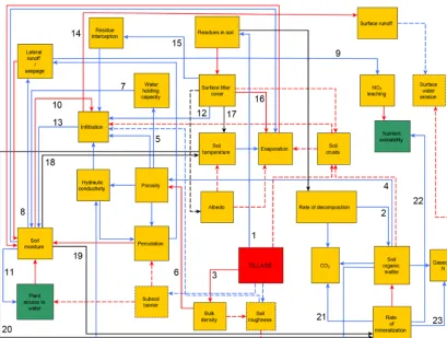 Figure 1. Flow chart diagram of feedback processes caused by tillage, which are considered (solid lines) and not considered (dashed lines)in this implementation in LPJmL5.0-tillage