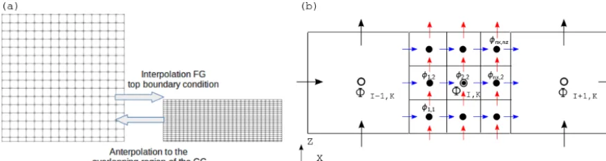 Figure 1. (a) Schematic of the interpolation and anterpolation between grids. The FG top boundary condition is interpolated from the CG.The CG prognostic quantities in the overlapping region are anterpolated from the FG