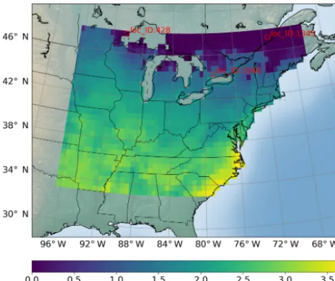 Figure 2. Locations of interest for which we build surrogates ofGPP (g C mered. The ﬁgure shows the sELM-simulated annual GPP based on−2 d−1) variables; a total of 1422 locations are consid-one parameter sample.