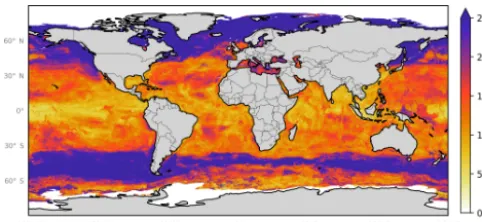 Figure 8. Annual average spatial percent uncertainty in predictedsea-surface iodide for the ensemble of models