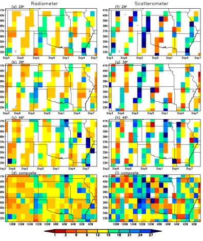Fig. 2. The retrieved soil moisture (% vol/vol) at incidence angles of (a) and (f) 29◦, (b) and (g) 38◦, and (c) and (h) 46◦ for syntheticobservations of radiometer and scatterometer, and their respective 7-day averaged composite (d) and (i) over the simulation domain during 1to 7 September 2002.