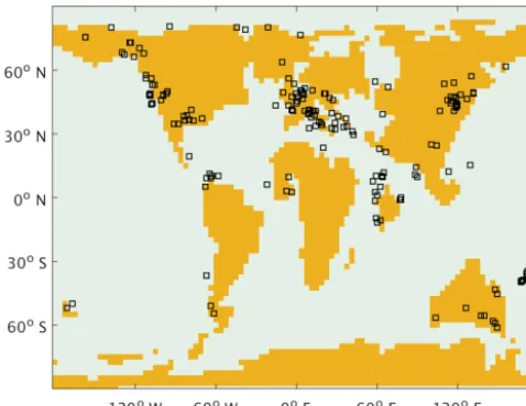 Figure 5. Locations of Eocene coal deposits plotted on our Eocenemodel land mask. The □symbols indicate an Eocene coal depositlocation (Boucot et al., 2013).
