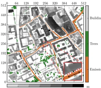 Figure 3. Visualization of the simulation domain. The building height (m) is shown in grey shades, and the location of trees and emissionsare in green and copper, respectively