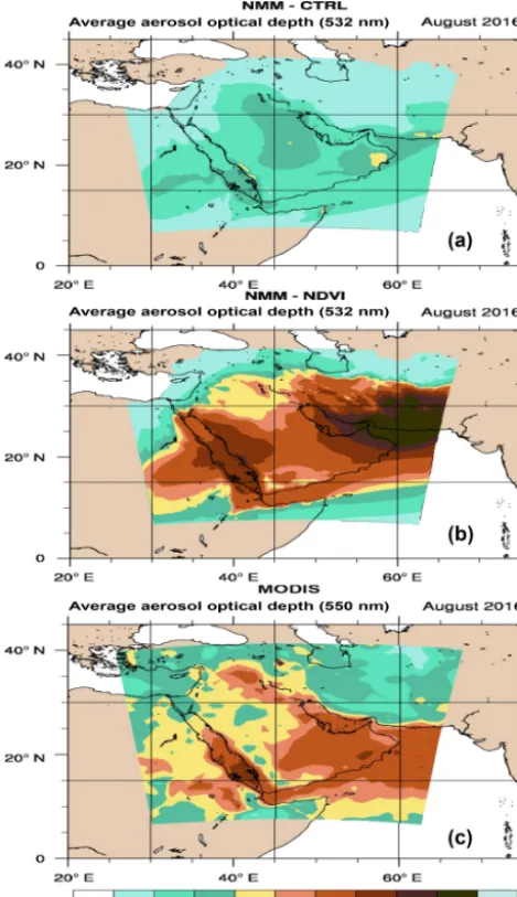 Figure 4. Monthly average simulated AOD during August 2016andfrom the DREAM-CTRL run (a), the DREAM-NDVI run (b) (c) MODIS.